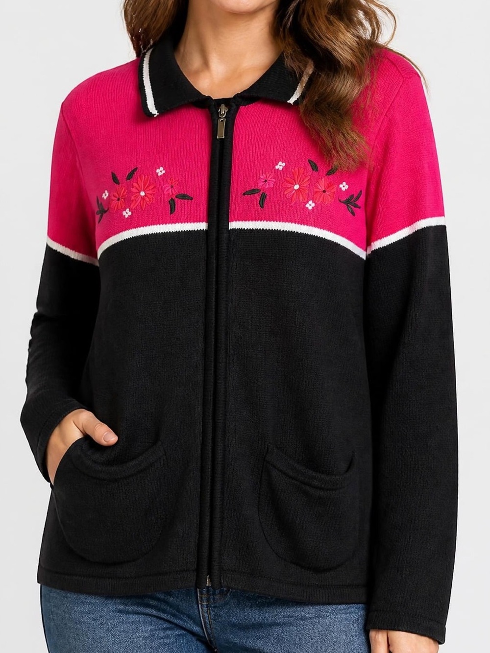 Alia Pink and Black Zip-Up Cardigan Sweater with Floral Embroidery